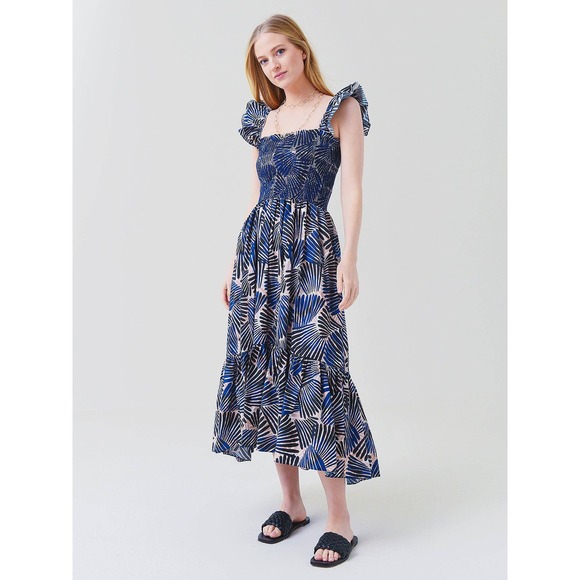 Cara Cara Dresses & Skirts - Cara Cara Blue Palm Print Smocked Midi Dress Ruffle Sleeve Cotton Medium